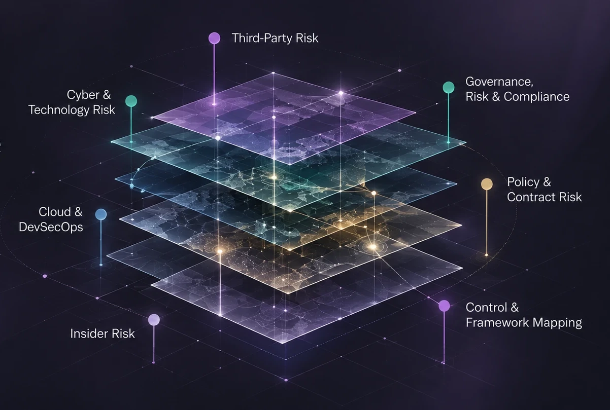 Stacked, connected layers of risk: Third-Party Risk, Cyber & Technology Risk, Governance, Risk & Compliance, Policy & Contract Risk, Cloud & DevSecOps, Insider Risk, and Control & Framework Mapping.