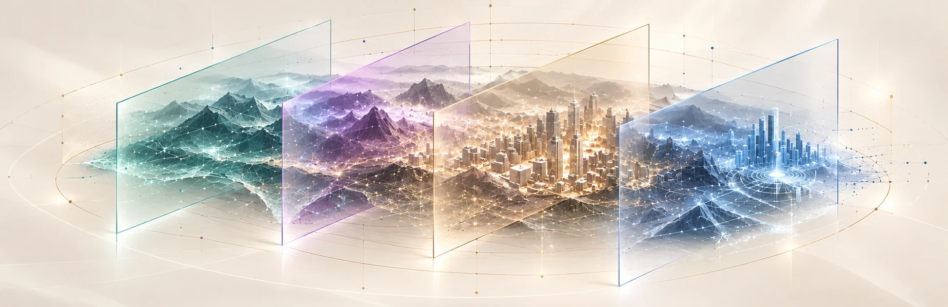 Four translucent panels in a row, one per lens: an intelligence network landscape in teal, a philosophy landscape in purple, a law cityscape in gold, and a cybersecurity grid in blue.